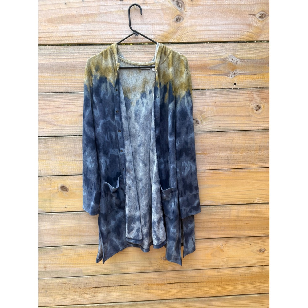 LOGO by Lori Goldstein Tie Dye Hooded Cardigan Blue Olive XL Snap Front Pocket